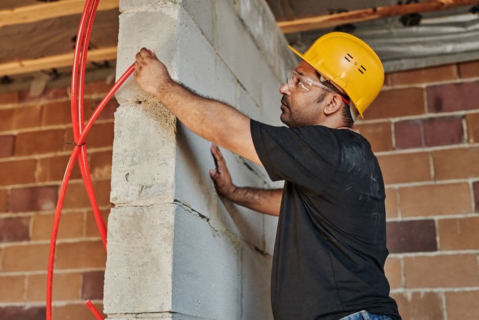 Trabajadores instalando paneles de hormigón prefabricado en una obra de construcción industrial